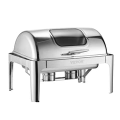 Roll Top Chafing Dish Buffet Complete Set, 9 Qt 1 Pack Stainless Steel Chafer with 2 Half Size Pans, Rectangle Catering Warmer Server with Visible Lid Water Pan Folding Stand Fuel Holder, Silver