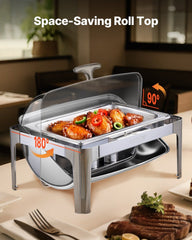 Roll Top Chafing Dish Buffet Complete Set, 9Qt Stainless Steel Chafer with Full Size Pan, Rectangle Catering Warmer Server with Lid Water Pan Folding Stand Fuel Holder Meal Clip, Silver