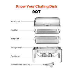 Roll Top Chafing Dish Buffet Complete Set, 9Qt Stainless Steel Chafer with Full Size Pan, Rectangle Catering Warmer Server with Lid Water Pan Folding Stand Fuel Holder Meal Clip, Silver
