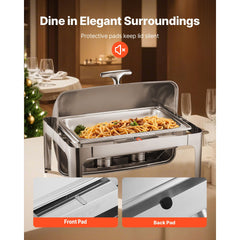 Roll Top Chafing Dish Buffet Complete Set, 9Qt Stainless Steel Chafer with Full Size Pan, Rectangle Catering Warmer Server with Lid Water Pan Folding Stand Fuel Holder Meal Clip, Silver