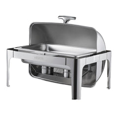 Roll Top Chafing Dish Buffet Complete Set, 9Qt Stainless Steel Chafer with Full Size Pan, Rectangle Catering Warmer Server with Lid Water Pan Folding Stand Fuel Holder Meal Clip, Silver
