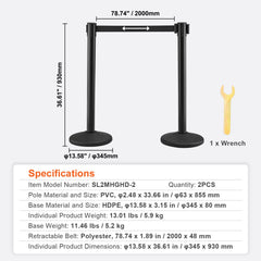 Crowd Control Stanchions, 2-Pack Crowd Control Barriers with 6.5FT Black Retractable Belt, Plastic Stanchion Queue Post, Belt Barriers Line Divider Stanchion Set for Party, Airport, Exhibition