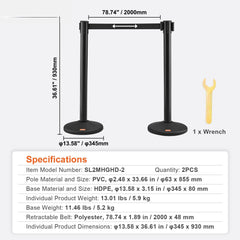 Crowd Control Stanchions, 2-Pack Crowd Control Barriers with 6.5FT Black Retractable Belt, Plastic Stanchion Queue Post, Belt Barriers Line Divider Stanchion Set for Party, Airport, Exhibition