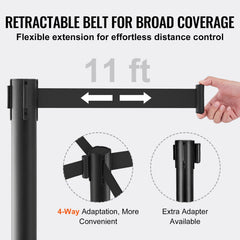 Crowd Control Stanchions, 2-Pack Crowd Control Barriers, Carbon Steel Baking Painted Stanchion Queue Post with 11FT Black Retractable Belt, Belt Barriers Line Divider for Exhibition, Airport