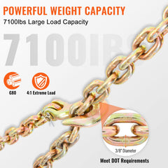 Transport Binder Chain, 220 kg Working Load Limit, 3/8'' x 20' G80 Tow Chain Tie Down with Grab Hooks, DOT Certified, Galvanized Coating Manganese Steel for Dock Factory Construction Site