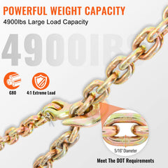 Transport Binder Chain, 2222 kg Working Load Limit, G80 Tow Chain Tie Down with Grab Hooks, DOT Certified, Galvanized Coating Manganese Steel for Dock Factory Construction Site