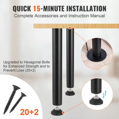 406.4MM Adjustable Desk Legs, Reinforced Steel Office Table Furniture legs Set of 4 for DIY, 1200 lbs Load Capacity Heavy Duty Desk Legs, Quick Instalation Legs with Adjustable Foot Cup Black