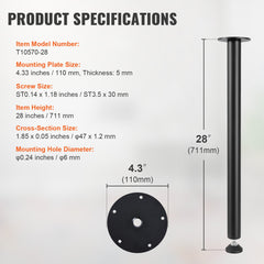 711.2MM Adjustable Desk Legs, Reinforced Steel Office Table Furniture legs Set of 4 for DIY, 544.3KG Load Capacity Heavy Duty Desk Legs, Quick Instalation Legs with Adjustable Foot Cup Black