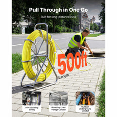 Fish Tape Fiberglass, 152M 6.3MM, Duct Rodder Fishtape Wire Puller with Stand, Cable Running Rod with Locking Mechanism, Fishing Tools, for Walls Floor and Electrical Conduit, Non-Conductive