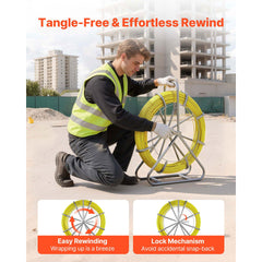 Fish Tape Fiberglass, 152M 6.3MM, Duct Rodder Fishtape Wire Puller with Stand, Cable Running Rod with Locking Mechanism, Fishing Tools, for Walls Floor and Electrical Conduit, Non-Conductive