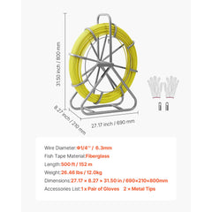 Fish Tape Fiberglass, 152M 6.3MM, Duct Rodder Fishtape Wire Puller with Stand, Cable Running Rod with Locking Mechanism, Fishing Tools, for Walls Floor and Electrical Conduit, Non-Conductive