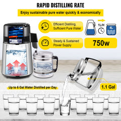 1.1 Gal Water Distiller, 0.3 Gal/H, 750W Distilled Water Maker Machine 0-99H Timing Set Temp Display, 304 Stainless Steel Countertop Distiller Glass Carafe Cleaning Powder 3 Carbon Packs, Silver