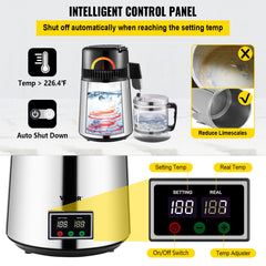 1.1 Gal Water Distiller, 0.3 Gal/H, 750W Distilled Water Maker Machine 0-99H Timing Set Temp Display, 304 Stainless Steel Countertop Distiller Glass Carafe Cleaning Powder 3 Carbon Packs, Silver