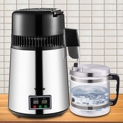 1.1 Gal Water Distiller, 0.3 Gal/H, 750W Distilled Water Maker Machine 0-99H Timing Set Temp Display, 304 Stainless Steel Countertop Distiller Glass Carafe Cleaning Powder 3 Carbon Packs, Silver