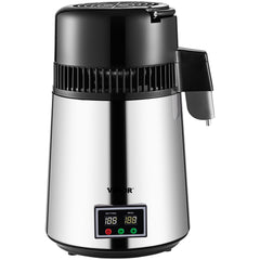 1.1 Gal Water Distiller, 0.3 Gal/H, 750W Distilled Water Maker Machine 0-99H Timing Set Temp Display, 304 Stainless Steel Countertop Distiller Glass Carafe Cleaning Powder 3 Carbon Packs, Silver