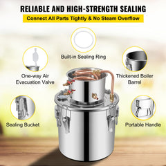 Moonshine Still 3 Gal 12L Stainless Steel Water Alcohol Distiller Copper Tube Home Brewing Kit Build-in Thermometer for DIY Whisky Wine Brandy, 3Gal, Sliver
