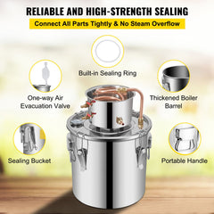 Moonshine Still 9.6Gal 38L Stainless Steel Water Alcohol Distiller Copper Tube Home Brewing Kit Build-in Thermometer for DIY Whisky Wine Brandy, Sliver
