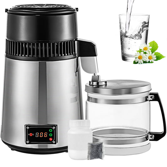 Countertop Water Distiller, 1.1 Gallon/4L, 750W Stainless Steel Distilled Water Making Machine, Purifier Filter with Glass Collection, Distilling Alcohol Whiskey for Home Use, CE Listed, Silver