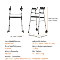 2 in 1 Folding Walker & Removable Armrests, Height Adjustable Foldable Walker with 5" Solid Wheels, Lightweight Aluminum | Front Wheeled Mobility Aid for Elderly Handicapped Disabled, 450 Pounds