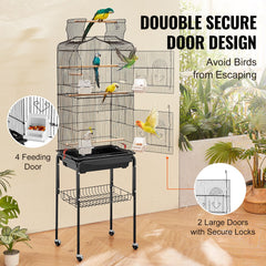 Large Bird Cage, 62 in, Open Top Parakeet Cage with Rolling Stand, Steel Bird Flight Cage with Removable Tray, Budgie Birdcage with 4 Perches, Parrot Cage for Lovebirds Cockatiels Pet Toy