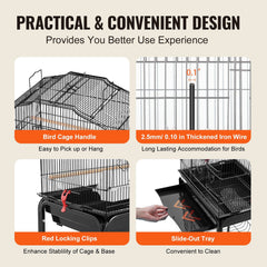 Large Bird Cage, 62 in, Open Top Parakeet Cage with Rolling Stand, Steel Bird Flight Cage with Removable Tray, Budgie Birdcage with 4 Perches, Parrot Cage for Lovebirds Cockatiels Pet Toy