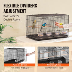 Bird Cage, 18 in, Small Parakeet Cage with Divider, Sturdy Metal Bird Flight Cage, Travel Birdcage with 5 Perches & 4 Feeding Cups, Parrot Cage for Canaries Lovebirds Cockatiels Budgie, Black