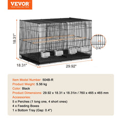 Bird Cage, 18 in, Small Parakeet Cage with Divider, Sturdy Metal Bird Flight Cage, Travel Birdcage with 5 Perches & 4 Feeding Cups, Parrot Cage for Canaries Lovebirds Cockatiels Budgie, Black