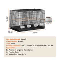 Bird Cage, 18 in, Small Parakeet Cage with Divider, Sturdy Metal Bird Flight Cage, Travel Birdcage with 5 Perches & 4 Feeding Cups, Parrot Cage for Canaries Lovebirds Cockatiels Budgie, Black