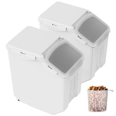 Ingredient Storage Bin, 2 x 15L Dispenser Bin with 2 Measuring Cups, Attachable Casters and Airtight Lid, 2 Pcs/Set Dog Pet Food Storage Container, PP Material Kitchen Rice Cereal Flour Bin