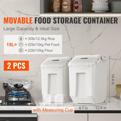 Ingredient Storage Bin, 2 x 15L Dispenser Bin with 2 Measuring Cups, Attachable Casters and Airtight Lid, 2 Pcs/Set Dog Pet Food Storage Container, PP Material Kitchen Rice Cereal Flour Bin