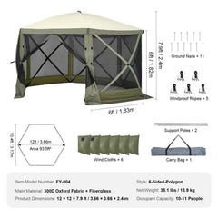 Pop Up Gazebo Tent, Pop-Up Screen Tent 6 Sided Canopy Sun Shelter with 6 Removable Privacy Wind Cloths & Mesh Windows, 12x12FT Quick Set Screen Tent with Mosquito Netting, Army Green