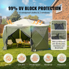 Pop Up Gazebo Tent, Pop-Up Screen Tent 6 Sided Canopy Sun Shelter with 6 Removable Privacy Wind Cloths & Mesh Windows, 12x12FT Quick Set Screen Tent with Mosquito Netting, Army Green