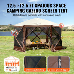 Pop Up Gazebo Tent, Pop-Up Screen Tent 6 Sided Canopy Sun Shelter with 6 Removable Privacy Wind Cloths & Mesh Windows, 12.5x12.5FT Quick Set Screen Tent with Mosquito Netting, Brown