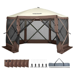Pop Up Gazebo Tent, Pop-Up Screen Tent 6 Sided Canopy Sun Shelter with 6 Removable Privacy Wind Cloths & Mesh Windows, 12.5x12.5FT Quick Set Screen Tent with Mosquito Netting, Brown