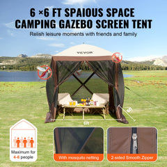 Pop Up Gazebo Tent, Pop-Up Screen Tent 4 Sided Canopy Sun Shelter with 4 Removable Privacy Wind Cloths & Mesh Windows, 6x6FT Quick Set Screen Tent with Mosquito Netting, Brown