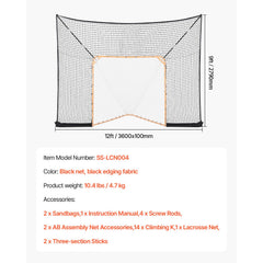 Hockey and Lacrosse Goal Backstop, 12x9 ft Lacrosse Net with Extended Coverage, Quick Easy Setup Complete Accessories Training Net, Backyard Lacrosse Equipment, for Youth Adult (NET ONLY)