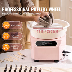 Pottery Wheel, 11 inch Pottery Forming Machine, 450W Electric Wheel for Pottery with Foot Pedal and LCD Touch Screen, Direct Drive Ceramic Wheel with Shaping Tools for DIY Art Craft, Pink