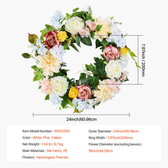 Artificial Decorative Wreath 60.96 cm White Pink Yellow Peonies Hydrangeas