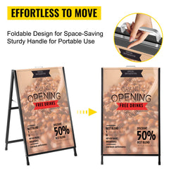 A-Frame Sidewalk Sign 24"x36" Sidewalk Signs for Businesses Black Coated Steel Metal A-Frame Sign Slide-in Folding Sandwich Board Sidewalk Sign Double-Sided with 2 Corrugated Plastic Poster Boar
