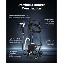 Stand Airless Paint Sprayer, 650W, 3000PSI High Pressure Airless Sprayer with Cart, Cleaning Brush, Hose, Extension Rod, Nozzles, Electric Spray Paint Machine for House Exterior and Interior