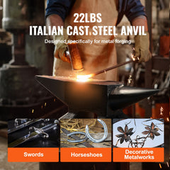 Single Horn Anvil, 22Lbs Cast Steel Anvil, High Hardness Rugged Round Horn Anvil Blacksmith, Large Countertop and Stable Base, with Round and Square Hole, Metalsmith Tool for Bending and Shaping