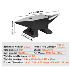 Single Horn Anvil, 22Lbs Cast Steel Anvil, High Hardness Rugged Round Horn Anvil Blacksmith, Large Countertop and Stable Base, with Round and Square Hole, Metalsmith Tool for Bending and Shaping