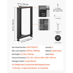 Table Legs, 740 x 450 mm (H x W) Square T Shape Steel Furniture Legs, Modular Design, Easy Assembly, 1000 kg Max Load Heavy Duty, for Home Office Desk, Dinner Table, Workbench, Set of 2, Black