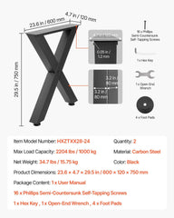 Table Legs, 750 x 600 mm (H x W) Steel Furniture Legs, Modular Design, Easy Assembly, 1000 kg Max Load Heavy Duty, for Home Office Desk, Coffee Dinner Bar Tables, Workbench,2 PCS, X Frame, Black