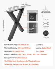 Table Legs, 750 x 760 mm (HxW) W Steel Furniture Legs, Modular Design, Easy Assembly, 1000 kg Max Load Heavy Duty, for Home Office Desk, Coffee Dinner Bar Tables, Workbench,2 PCS, X Frame, Black