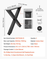 Table Legs, 750 x 790 mm (H x W) Steel Furniture Legs, Modular Design, Easy Assembly, 1000 kg Max Load Heavy Duty, for Home Office Desk, Coffee Dinner Bar Tables, Workbench,2 PCS, X Frame, Black