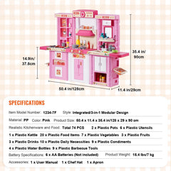 Kitchen Playset Kids Pretend Cooking Play Toy 74 Piece Accessories Pink