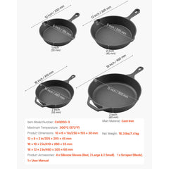 Cast Iron Skillet, 4 Pcs Frying Pan Set (155, 205, 260, 305 mm), Skillets with Heat-Resistant Silicone Handle, Pre-Seasoned Chef's Pan, Kitchen Cookware, Oven, Gas, Electrical, Induction, Black