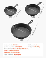 Cast Iron Skillet, 3 Pcs Frying Pan Set (160, 220, 265 mm), Heavy-Duty Skillets with Heat-Resistant Handle, Pre-Seasoned Chef's Pan, Kitchen Cookware, for Oven, Gas, Electrical, Induction, Black