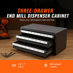 End Mill Dispenser Cabinet, Three-Drawer End Mill Organizer Cabinet for 1/8" to 1", Steel End Mill Dispenser Organizer Cabinet with Labels, 29-Compartment Stackable for End Mill Storage